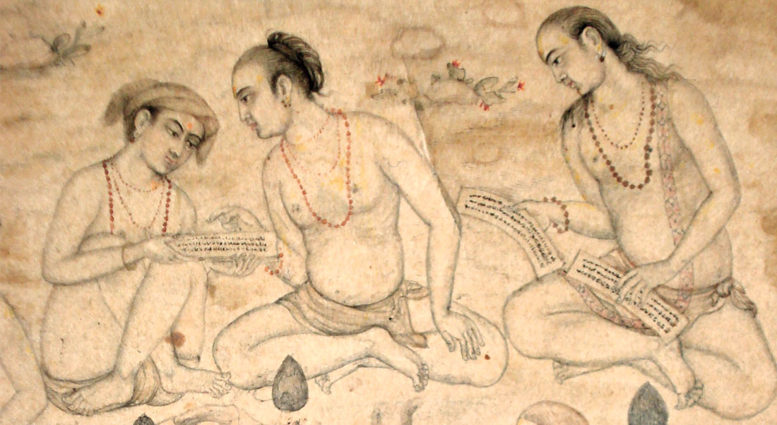 Manuscript painting of scholars reading palm-leaf manuscripts