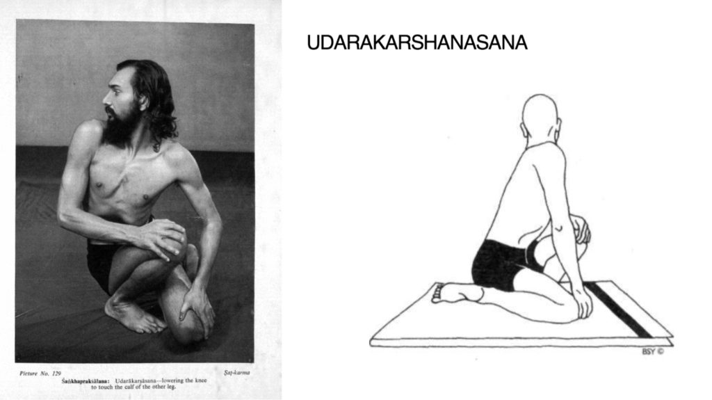 Dhirendra in Udarākarṣāsana. Yogic Suksma Vyayama 1965: picture 129. Udarākarṣāsana. Asana Pranayama Mudra Bandha 1968: 72.